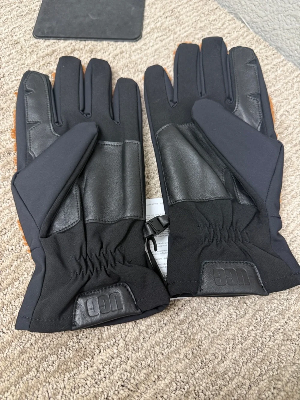 UGG Black and Brown Insulated Sherpa Leather-Trim Gloves